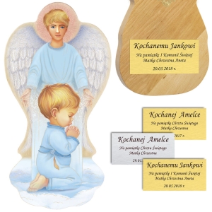 Ikona Anioł Stróż z modlącym się chłopcem. Pamiątka Chrztu, I Komunii Świętej, urodzin