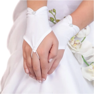 Białe Krótkie Rękawiczki Komunijne na Palec Marszczone z Cekinami