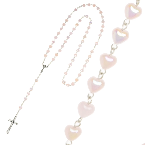 Różaniec komunijny z sercami dla dziewczynki - różowy opal