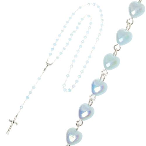 Różaniec komunijny dla chłopca z opalizowanymi niebieskimi sercami