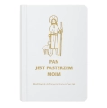 Elegancki biały modlitewnik do Pierwszej Komunii Świętej – złoty wizerunek Dobrego Pasterza na okładce