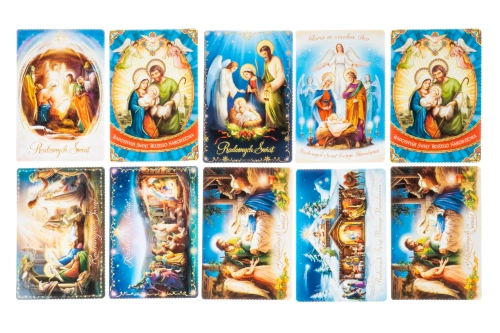 Kartki świąteczne z brokatem – zestaw 10 sztuk w religijnych wzorach.