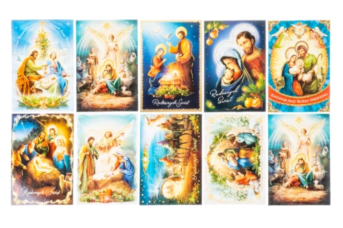 Religijne pocztówki bożonarodzeniowe z motywami Świętej Rodziny i życzeniami.