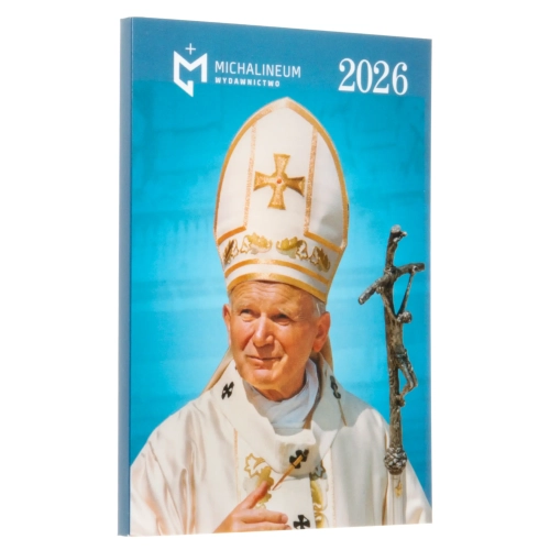 Kalendarz kieszonkowy 2026 z wizerunkiem Świętego Jana Pawła II na niebieskim tle