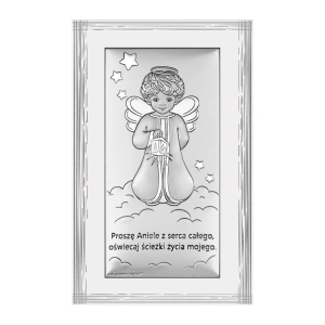 Prezent na Chrzest Obrazek Anioł Stróż Srebrny Personalizowany 6756W