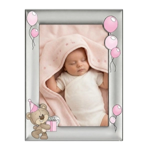 Ramka na zdjęcie na chrzest srebrna 13x18 MIŚ RÓŻOWE BALONIKI grawer