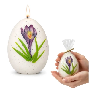 Świeca wielkanocna jajko z krokusem RĘCZNIE ZDOBIONA dekoracja 9 cm