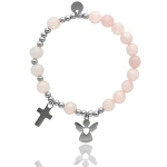 Bransoletka różaniec z jadeitu różowego ANIOŁEK I KRZYŻYK
