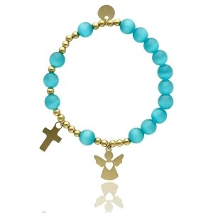 Bransoletka różaniec z selenitu błękitna z KRZYŻYKIEM I ANIOŁKIEM