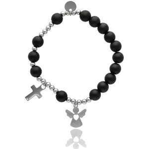 Różaniec bransoletka damska z Agatu CZARNY KAMIEŃ krzyżyk aniołek