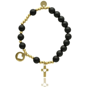 Bransoletka różaniec z agatu czarnego ZŁOTY KRZYŻYK SERCE