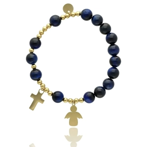 Bransoletka różaniec damska złoty krzyżyk TYGRYSIE OKO NIEBIESKIE
