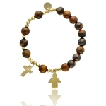 Bransoletka różaniec z tygrysiego oka ZŁOTY KRZYŻYK ANIOŁEK