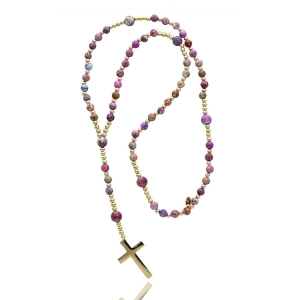 Różaniec cały z kamieni naturalnych JASPIS CESARSKI różowy damski