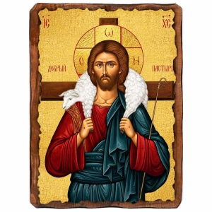 Ikona na desce Jezus Dobry Pasterz 13x17cm z naturalnego drewna