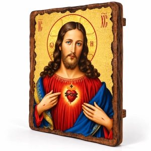 Ikona na desce Najświętsze Serce Pana Jezusa 17x23cm z naturalnego drewna
