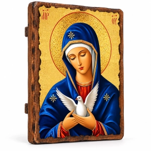 Ikona na desce Matka Boża Pneumatofora z białą gołębicą 13x17cm