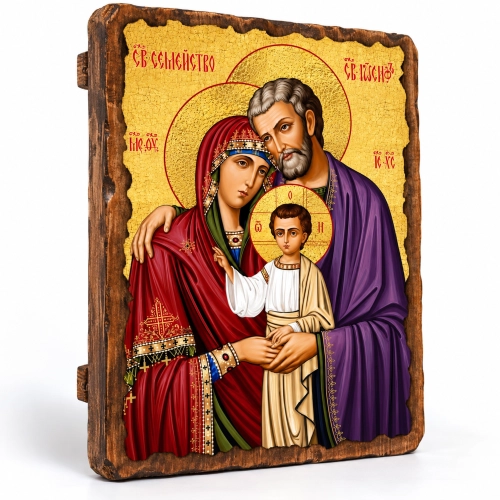 Ikona Święta Rodzina z Jezusem w białej szacie na desce 13 x 17 cm, widok całego wizerunku