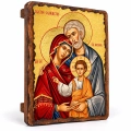 Ikona Święta Rodzina z Jezusem w pomarańczowej szacie na desce 13 x 17 cm, widok całego wizerunku