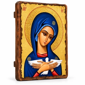 Ikona na desce Matka Boża z gołębicą 17x23cm z drewna do domowej modlitwy