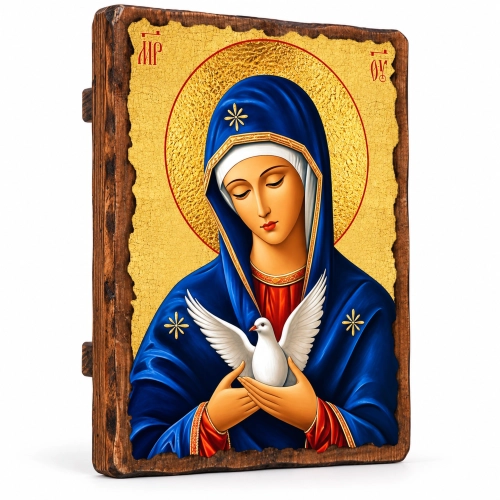 Ikona Matka Boża Pneumatofora z białą gołębicą na desce 17 x 23 cm, widok całego wizerunku