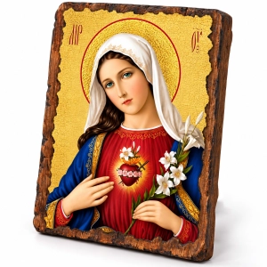 Ikona na desce Niepokalane Serce Maryi 17x23cm z naturalnego drewna
