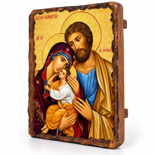 Ikona Święta Rodzina z Jezusem w ramionach Maryi na desce 17 x 23 cm, widok całego wizerunku