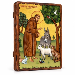 Ikona na desce Święty Franciszek z Asyżu ze zwierzętami 17x23cm