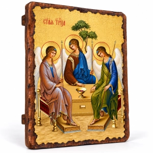 Ikona na desce Trójca Święta z aniołami 17x23cm z naturalnego drewna