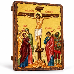 Ikona na desce Ukrzyżowanie Jezusa z Maryją i Janem 21x28cm z drewna