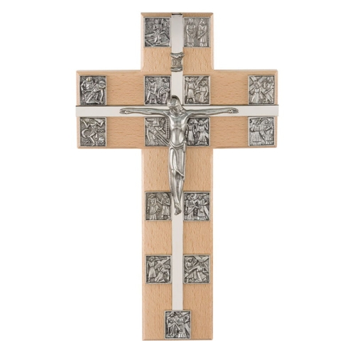 KRZYŻ WISZĄCY DROGA KRZYŻOWA JASNY srebrny 29,5 cm