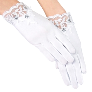 Rękawiczki dla dziewczynki na komunię z koronką i kryształkami